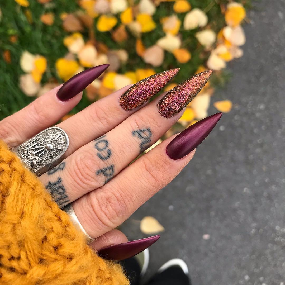 Plum and Rose Glitter Stiletto Nails