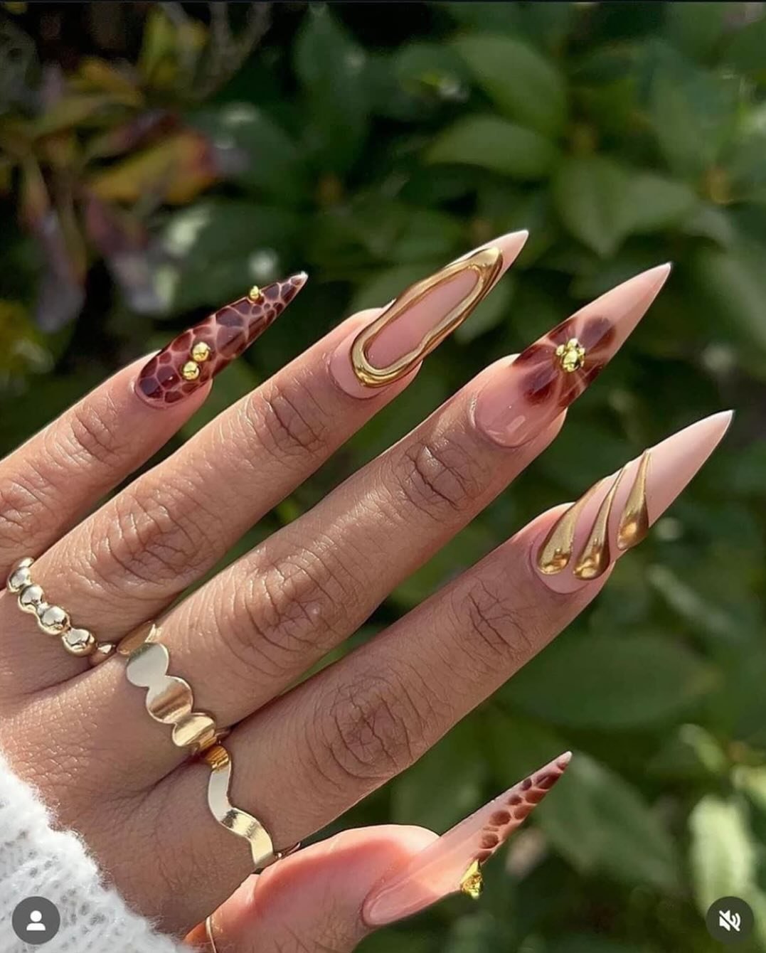 Blush Stiletto Nails with Floral and Gold Details