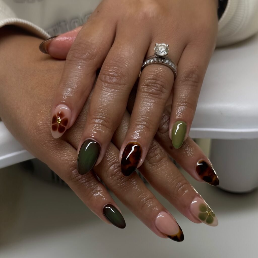 Olive, Tortoiseshell and Floral Accent Nails