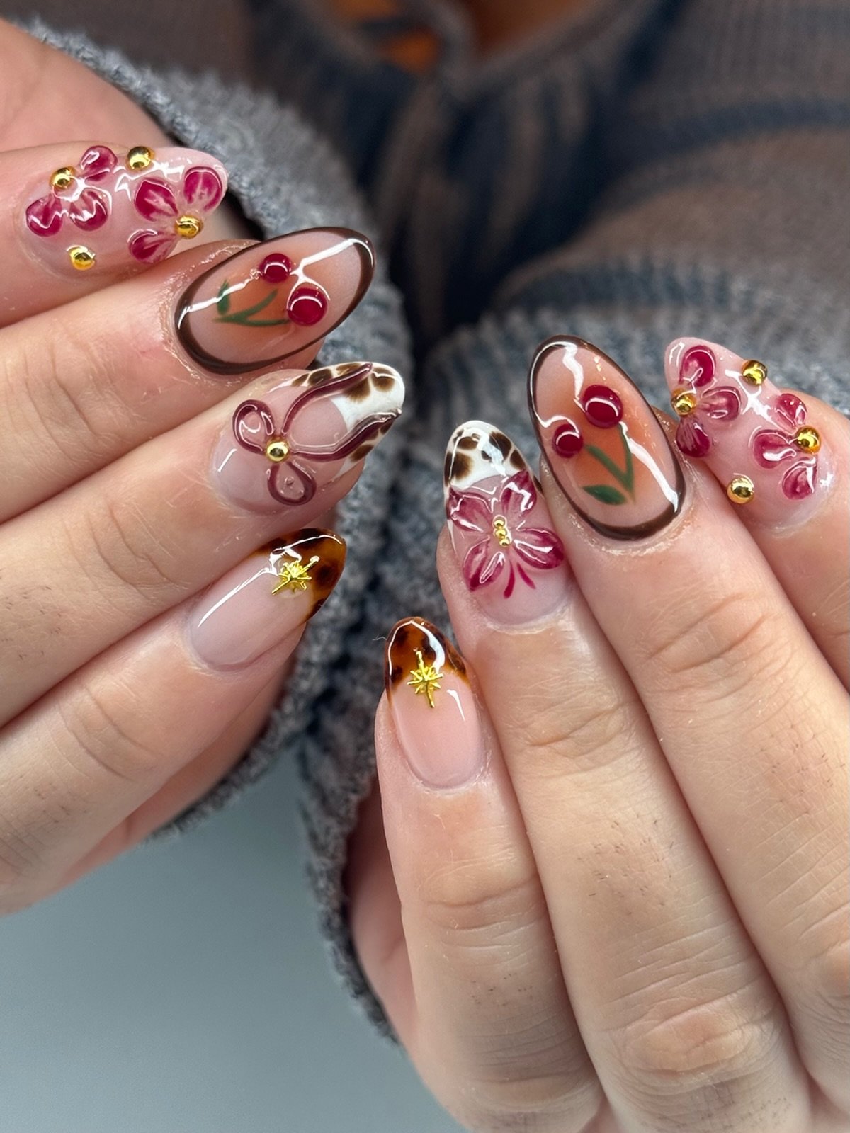 Brown Abstract French Tip Almond Nails