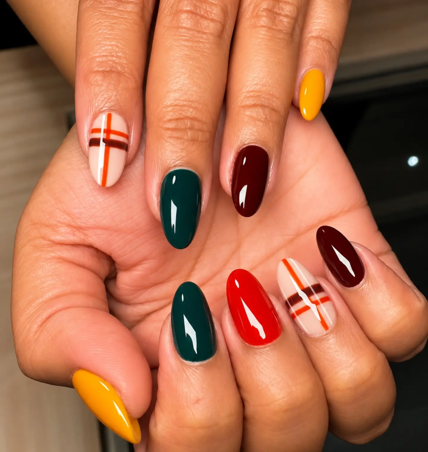 Sheer Almond Nails with Orange French Tips