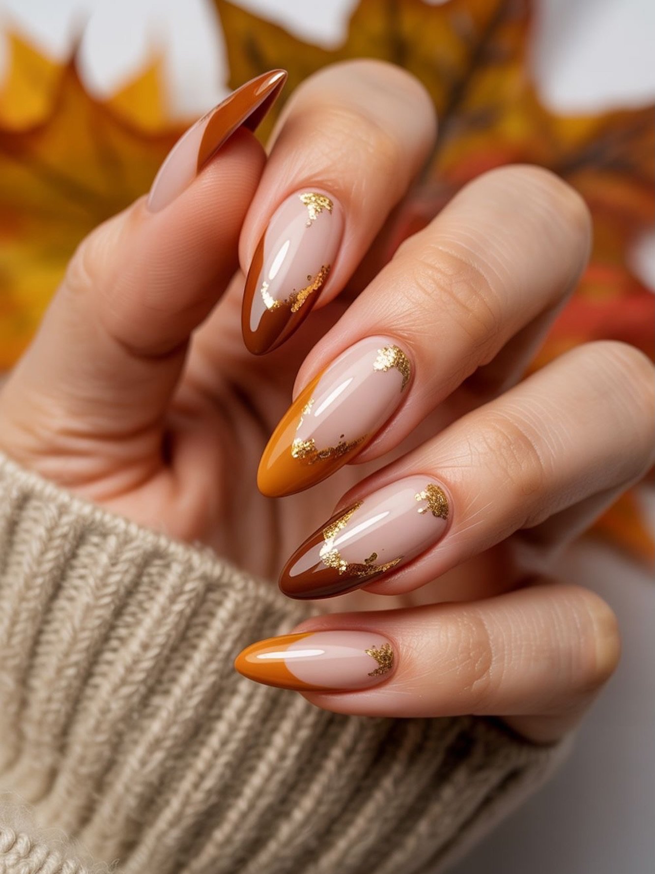 Olive Green and Tortoiseshell Mixed Nails