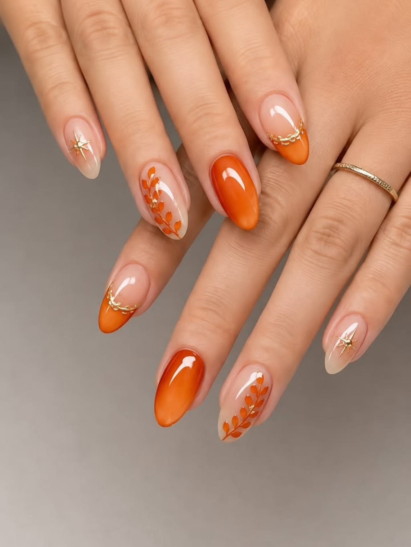 Taupe and Brown Almond Nails with Floral Details