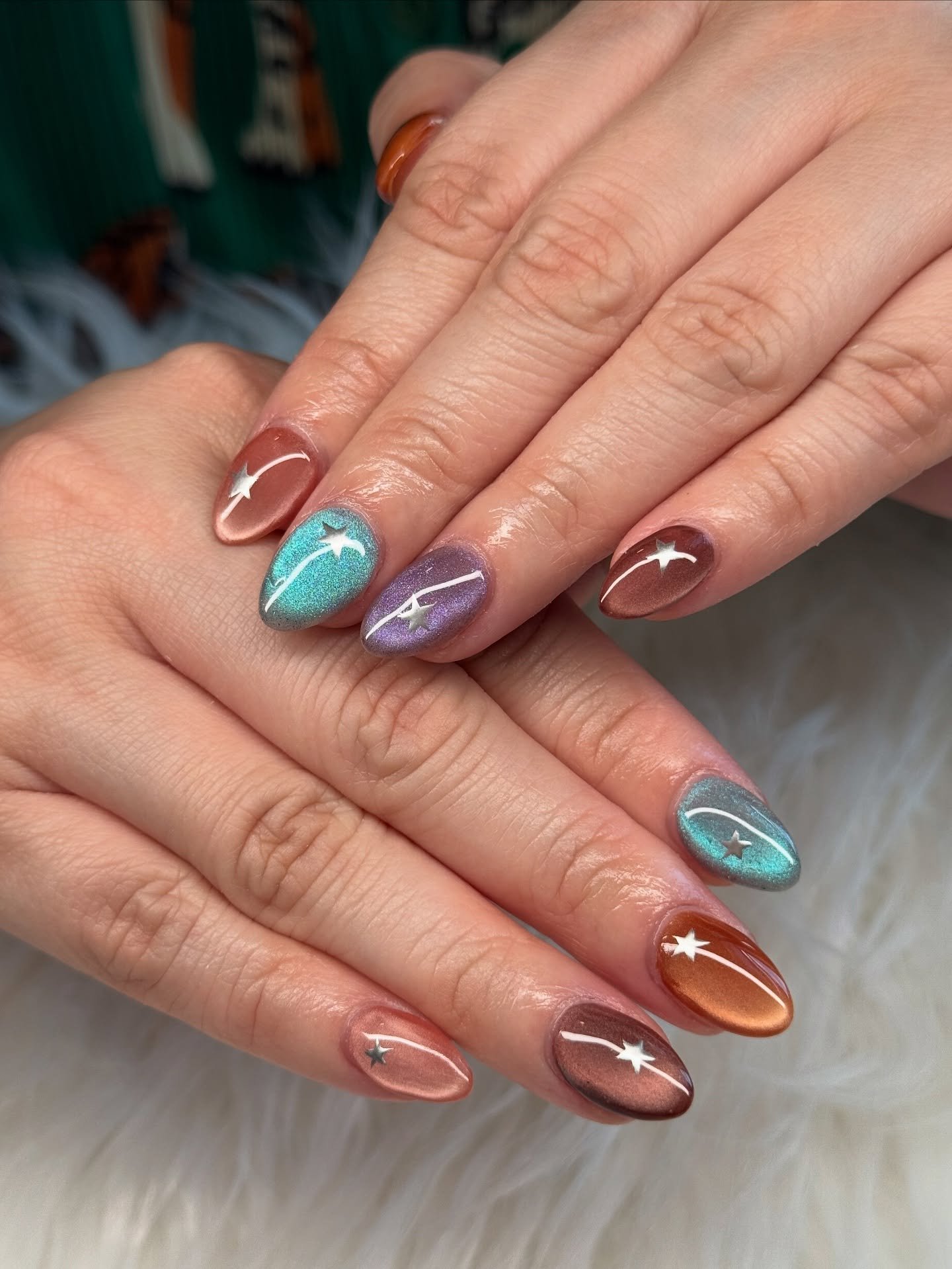Pink and Brown Almond Nails with Gold Accents