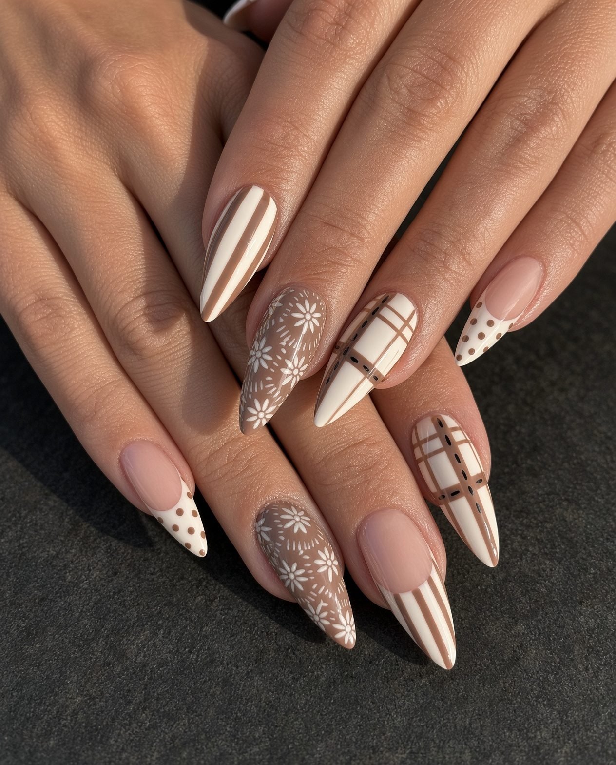 Almond Nude Nails with White and Brown Fall Accents