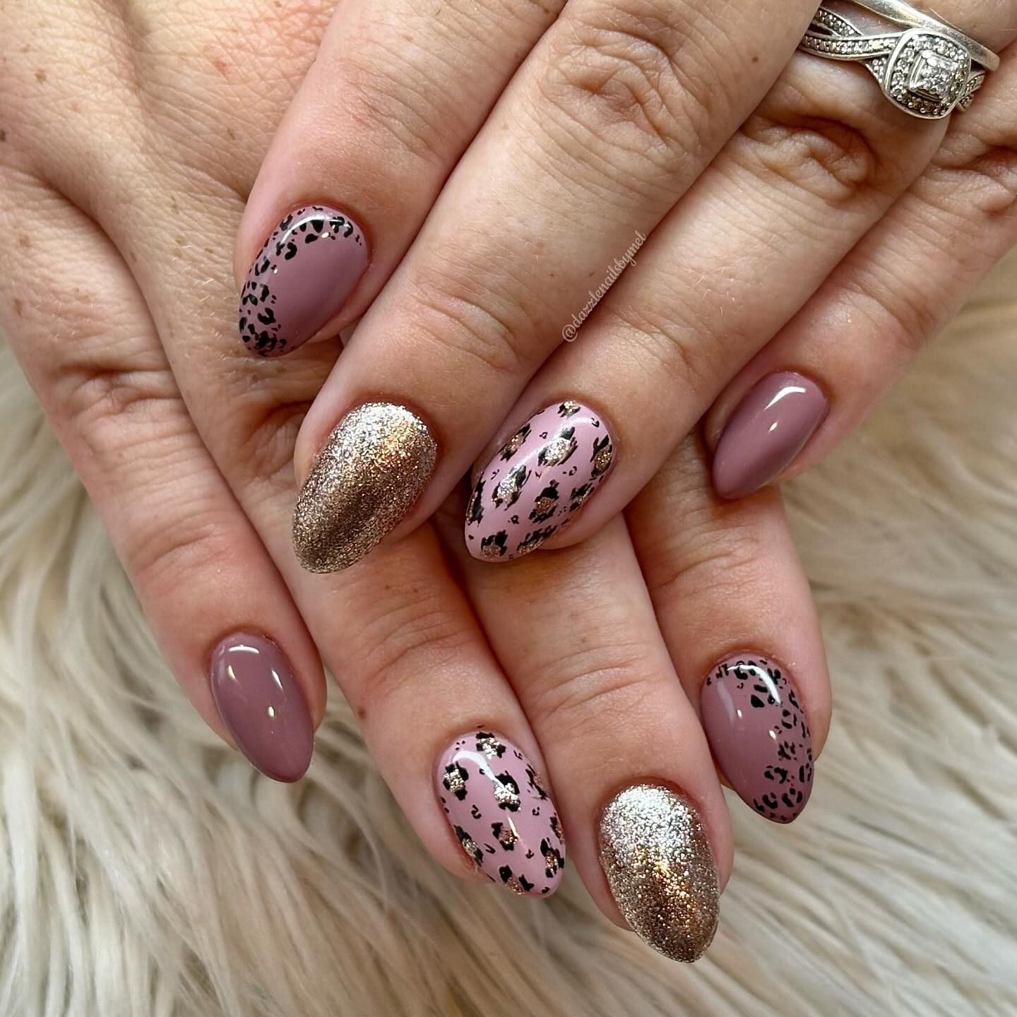 Muted Mauve Nails with Leopard Print and Gold Glitter Accents