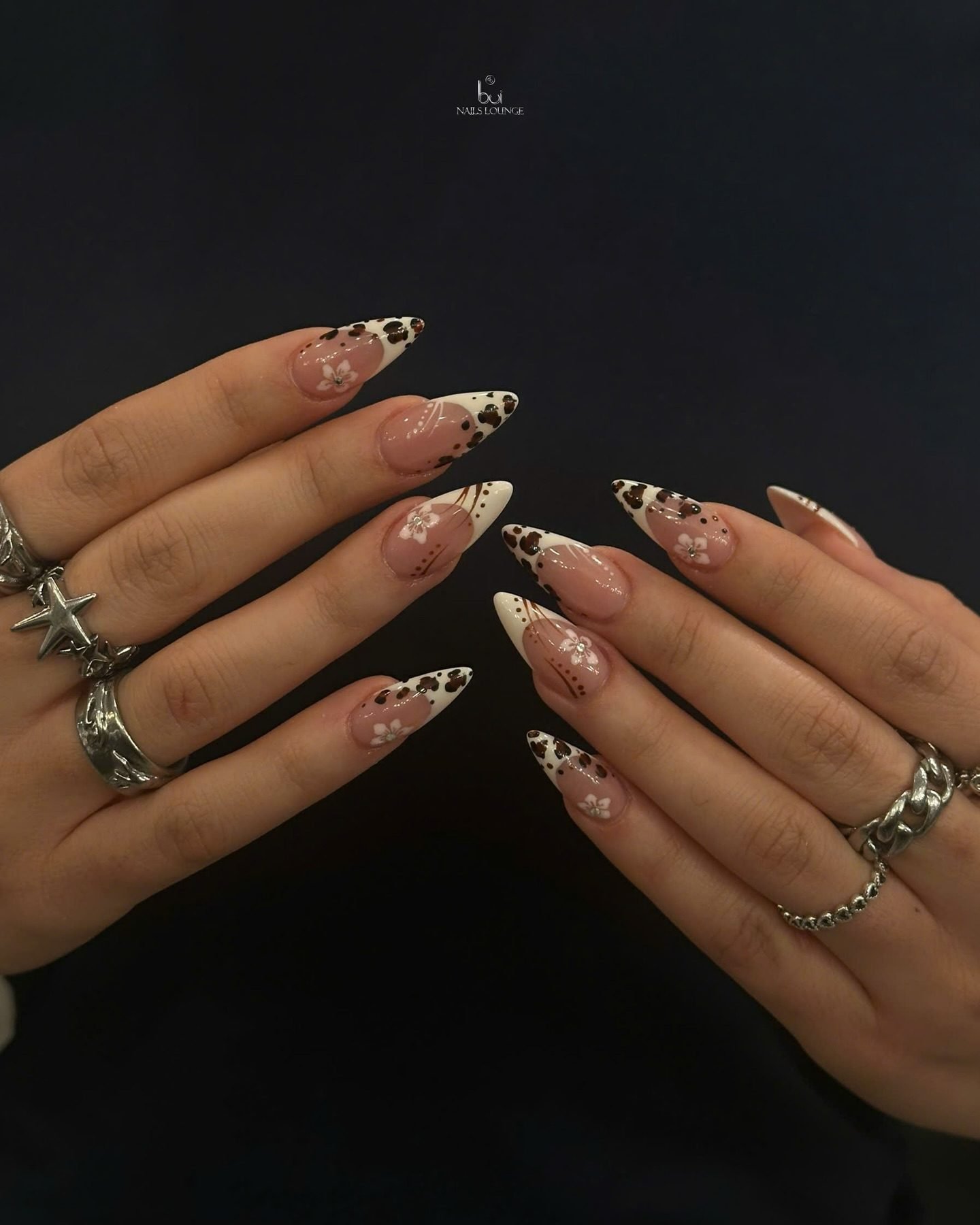 Long Almond Nails with Brown French Tips and Delicate Fall Details