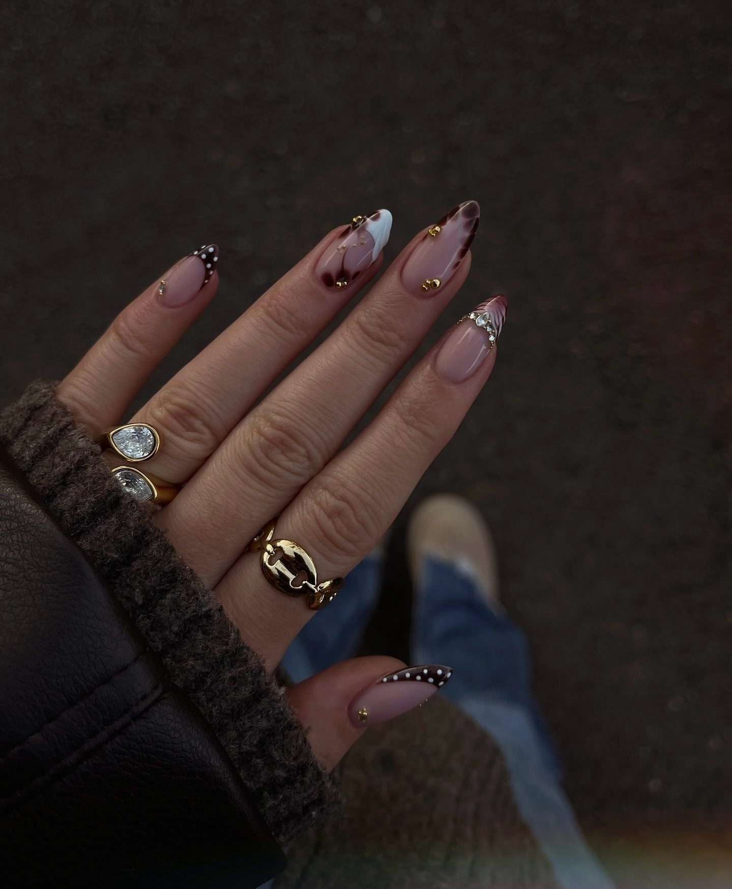 Deep Mauve Almond Nails with Subtle Gold Accents