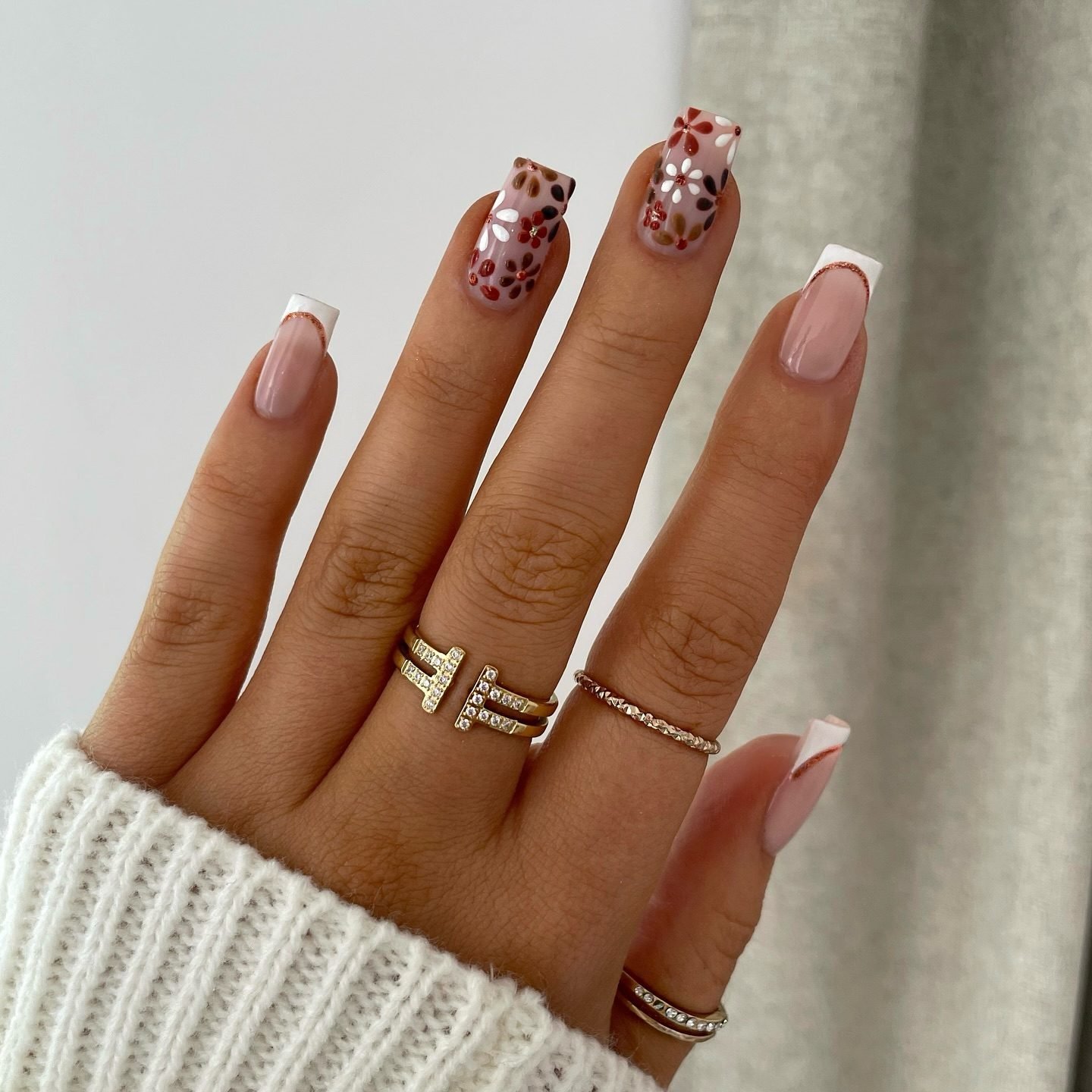 Soft Pink and Brown Nails with Fall Floral Accents