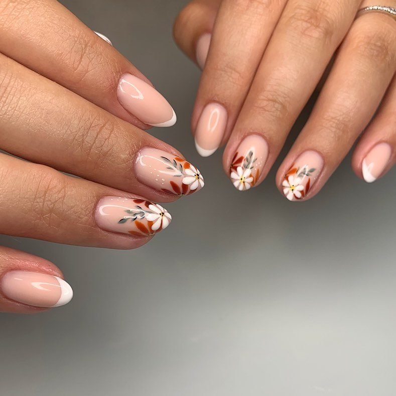 Short Nude Nails with Tiny Orange and Brown Floral Details