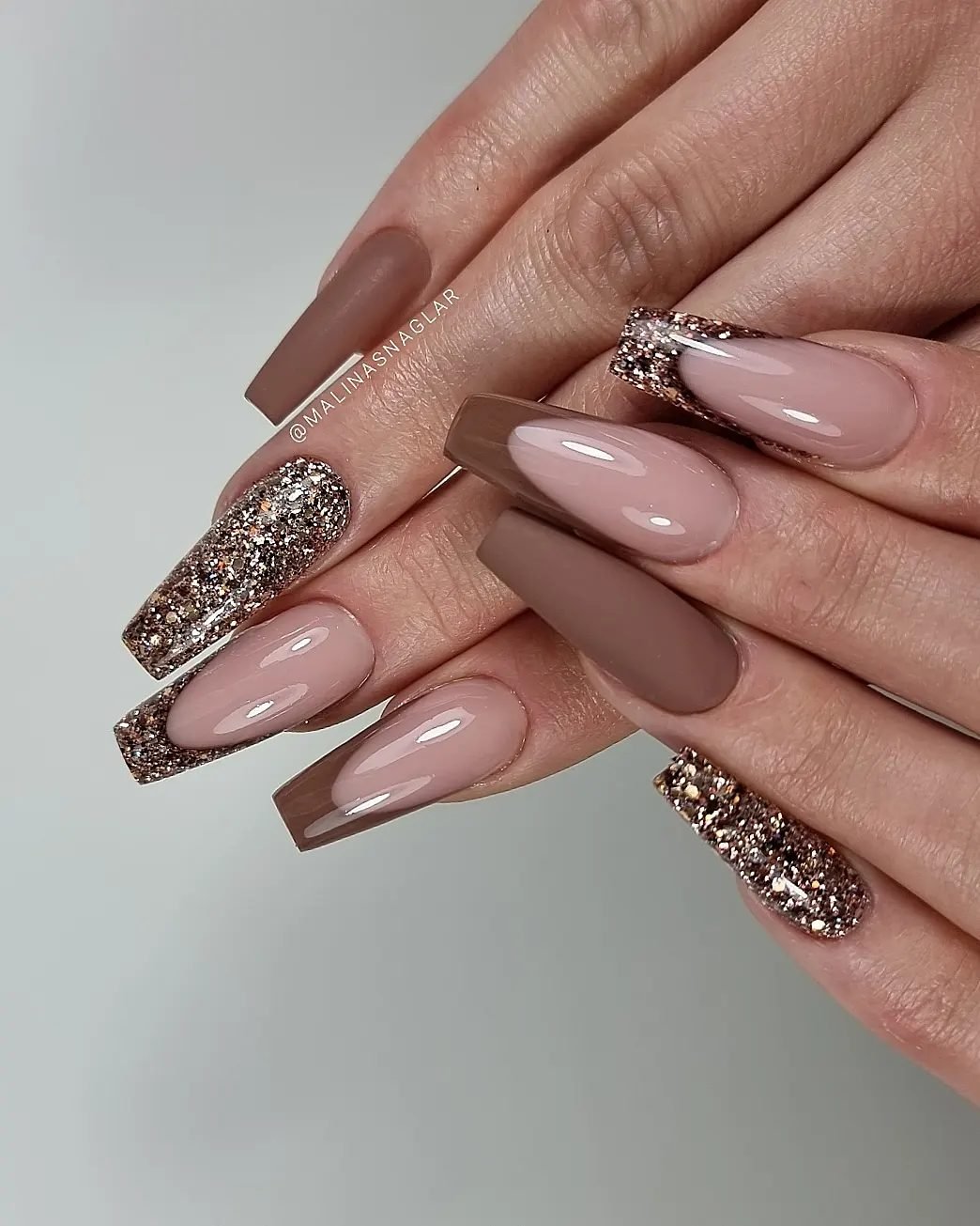 Long Taupe Nails with Sparkling Brown French Tips