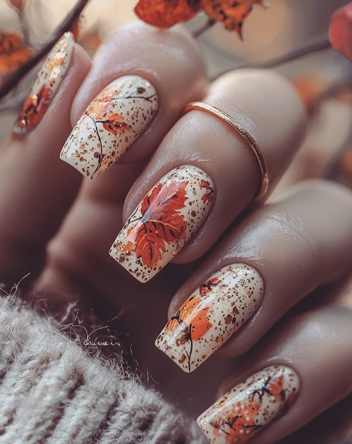 Short Square Nails with Cream, Orange, and Brown Fall Patterns