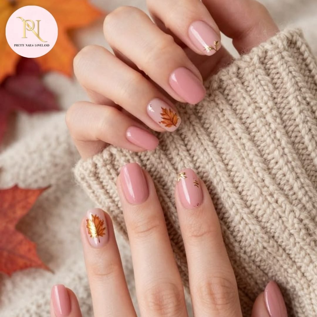 Short Pink Nails with Small Brown and Orange Fall Details