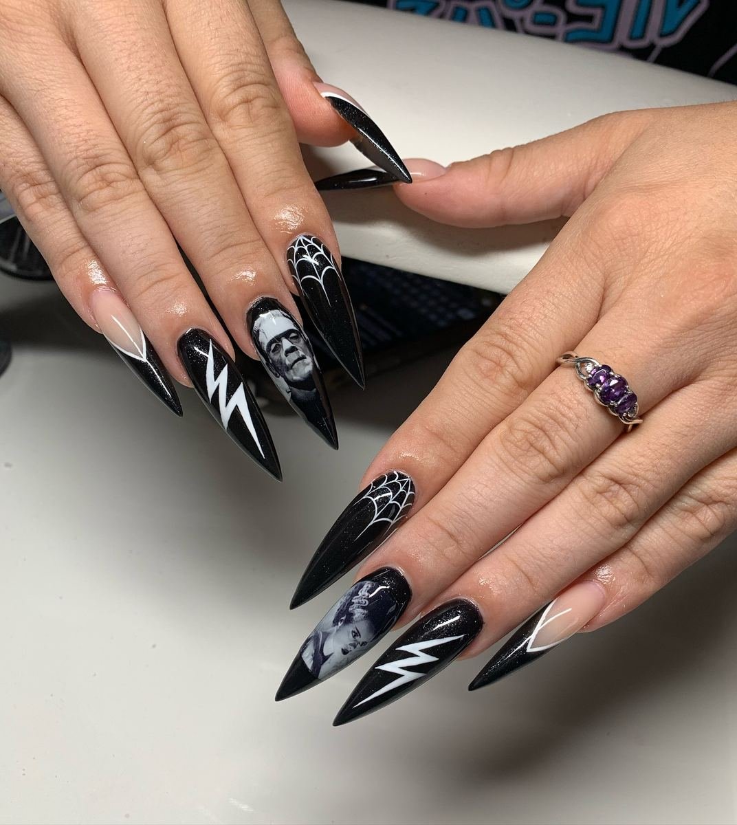 Black Stiletto Nails with White Graphic Accents — DOKmgA3jlw5Carly Angel️.jpg