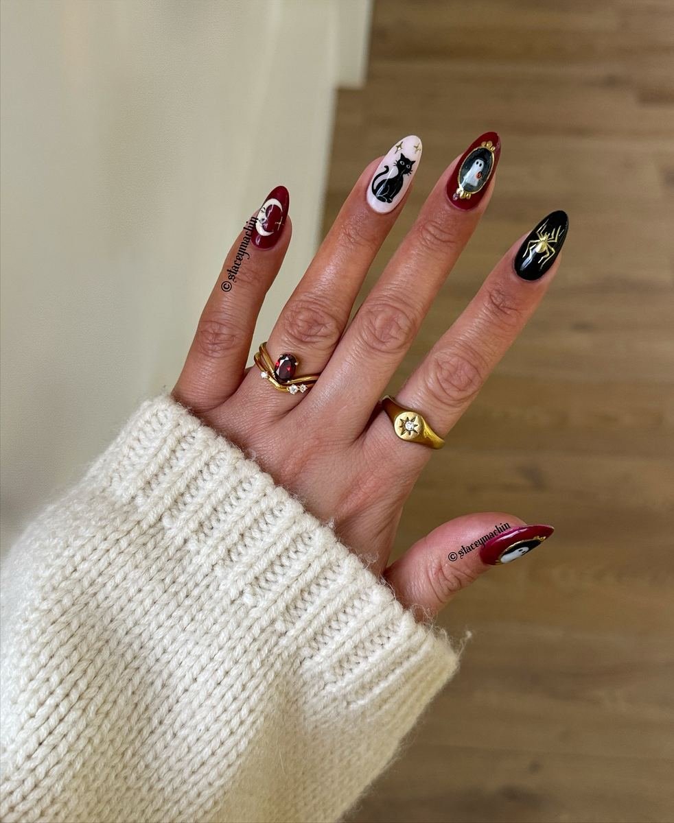 Red, Black, and Gold Halloween Accent Nails — DQH6yDdDjtYStacey Machin Nail Artist.jpg