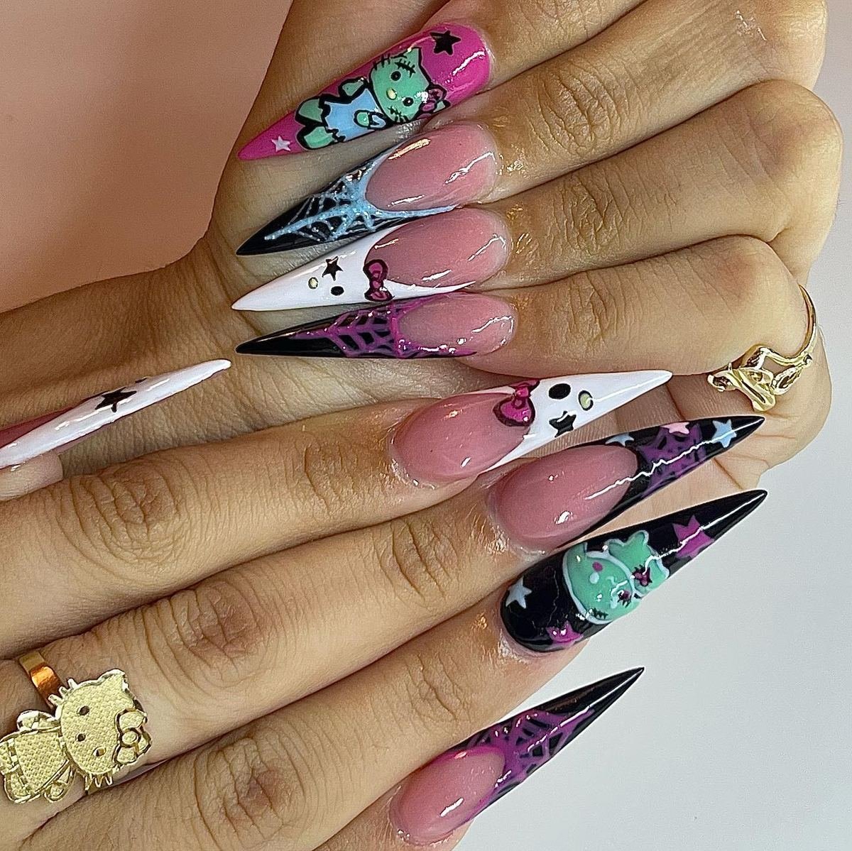 Pink Halloween Stiletto Nails with Character Art — DPbuduUEVg6IE NAIL TECH.jpg