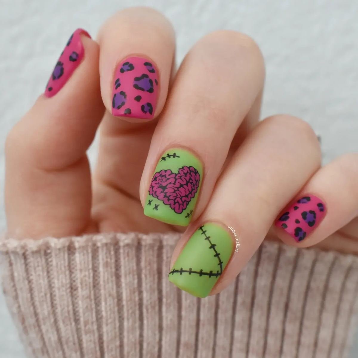 Pink and Green Stitched Leopard Nails — C3WWSvxJS6YNail Art by Amber.webp