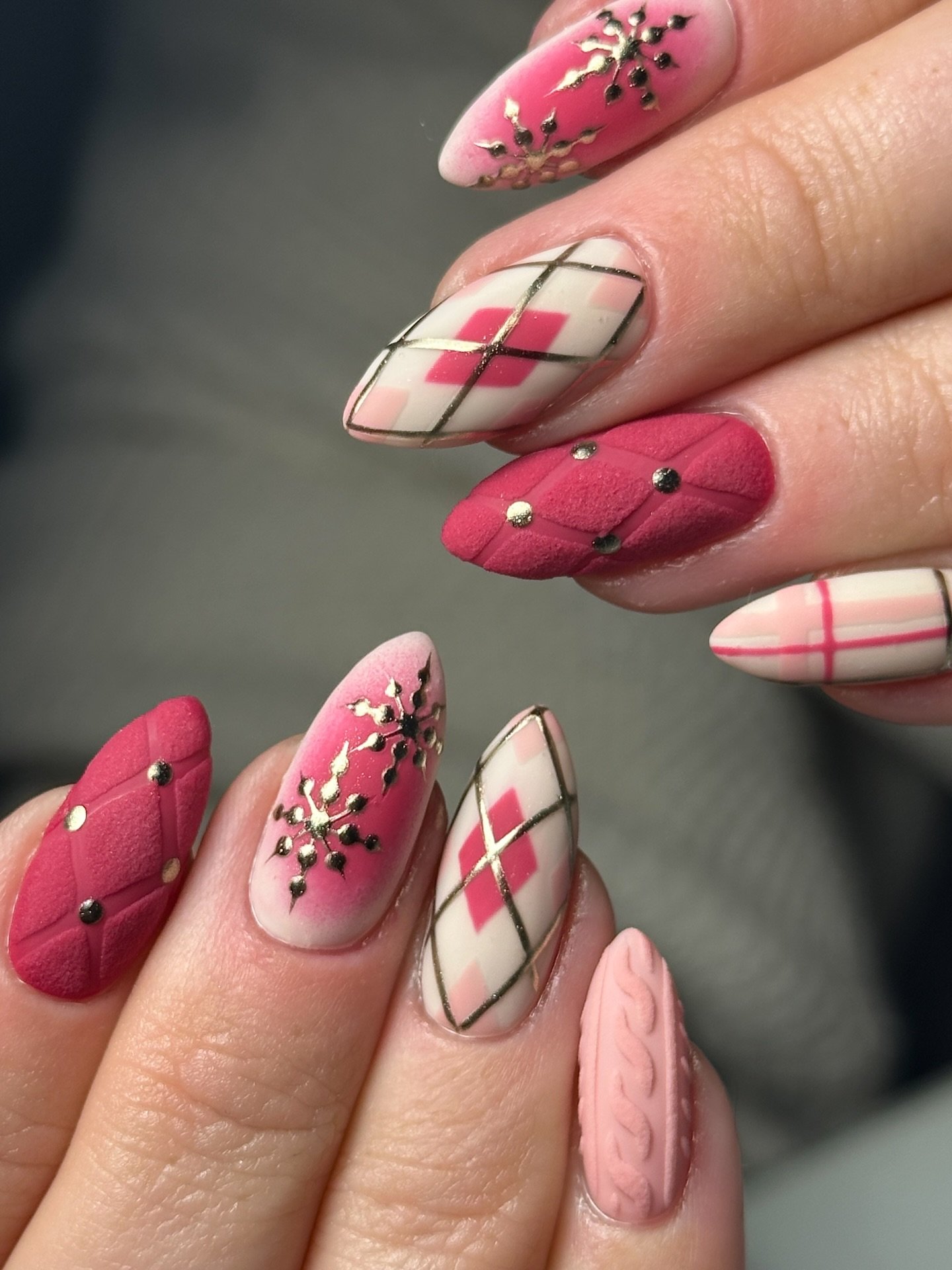 Pink Plaid and Floral Almond Nails