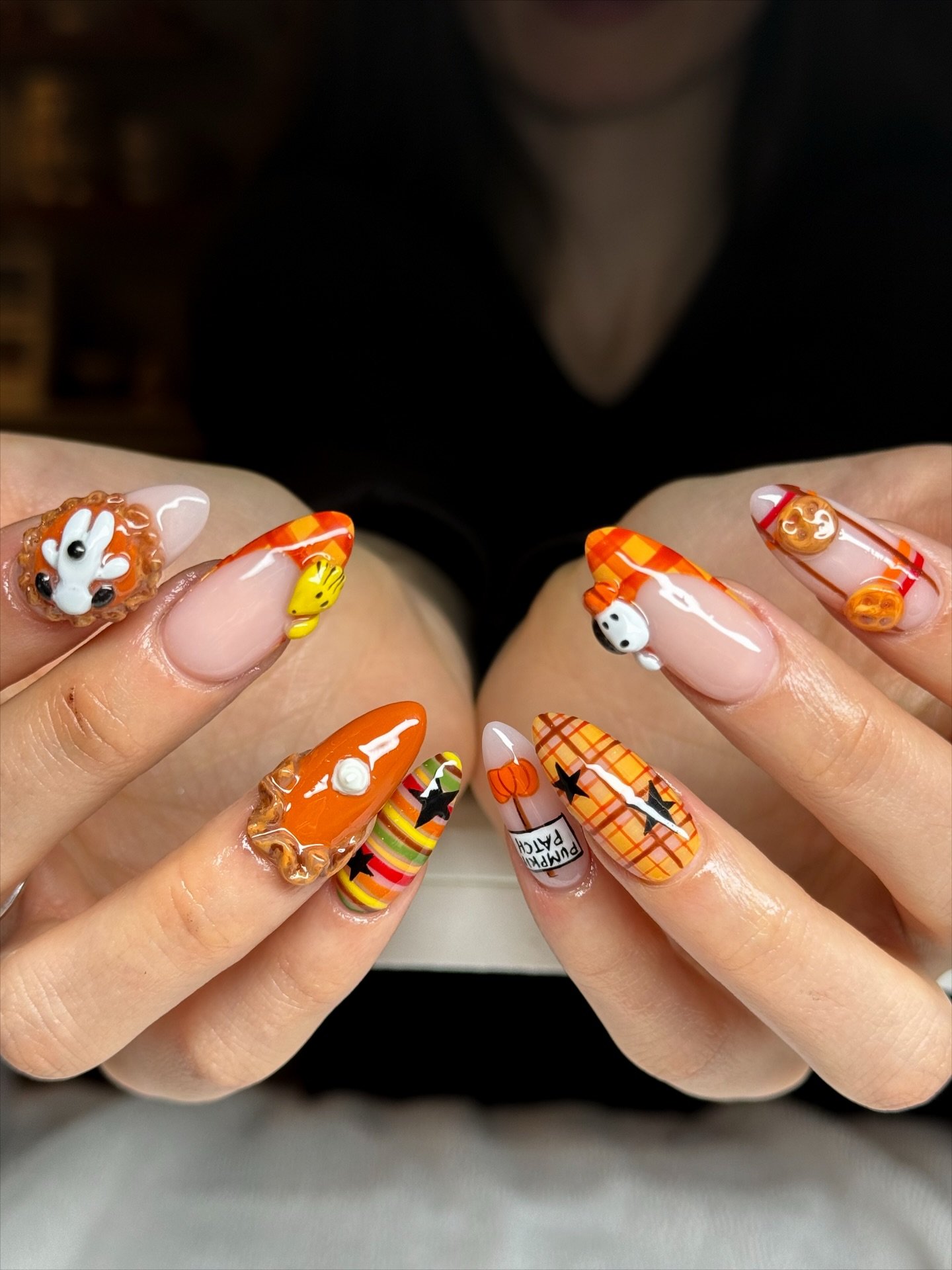 Orange Friendsgiving Pumpkin and Plaid Nails