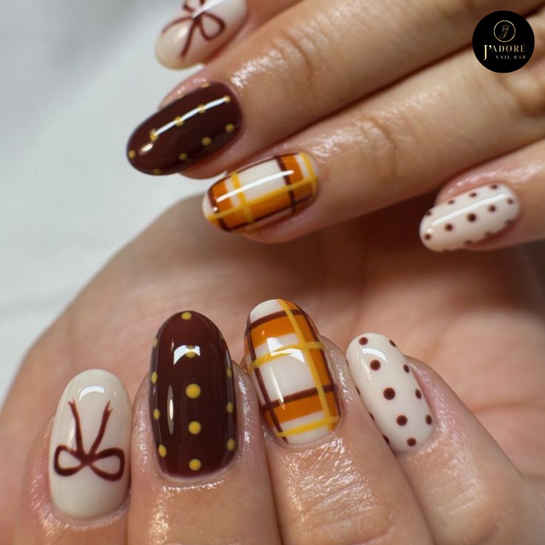 Brown, Orange Plaid, and Polka Dot Nails