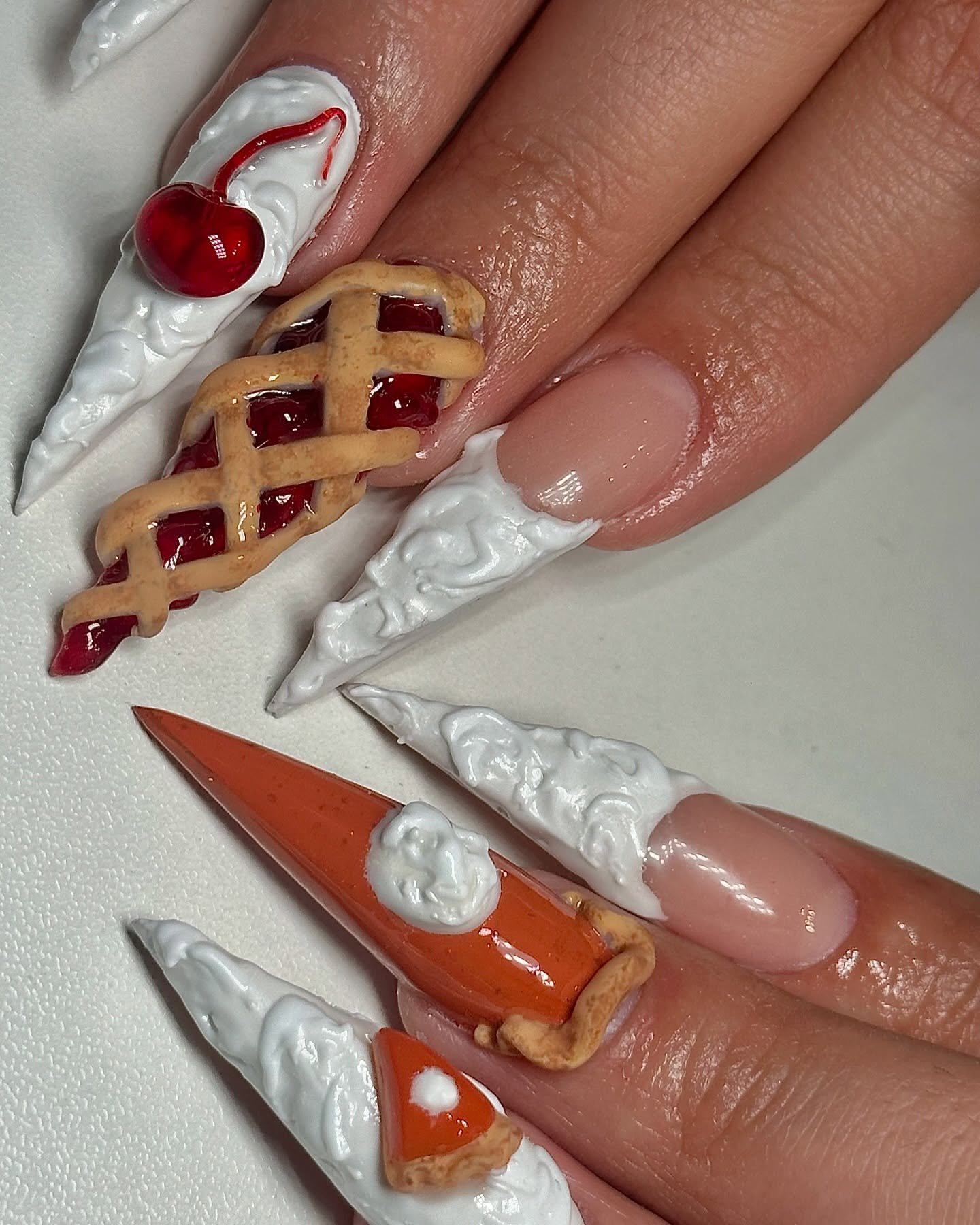 Nude Stiletto Nails with Pumpkin Pie Details