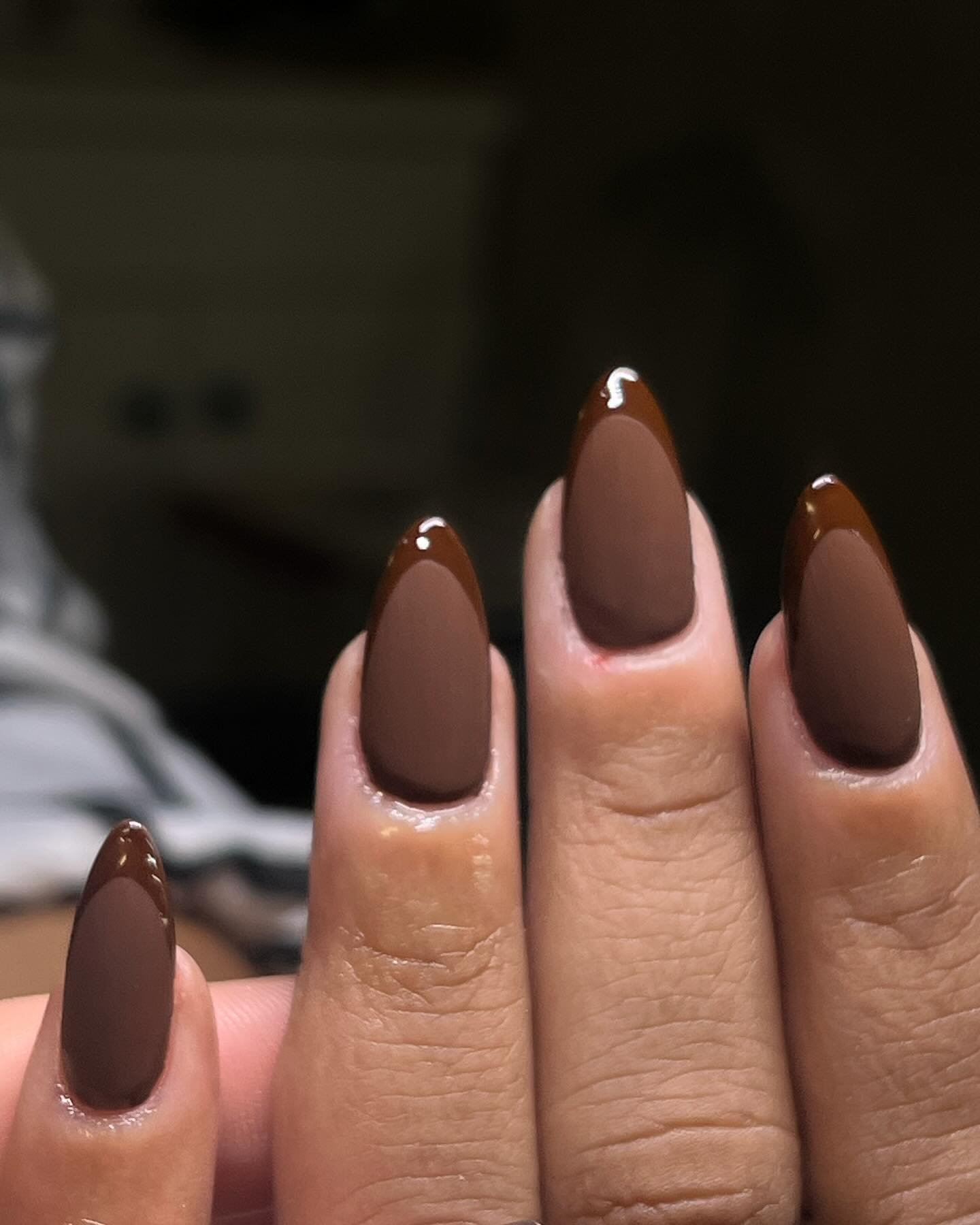Glossy Chocolate Brown Almond Nails