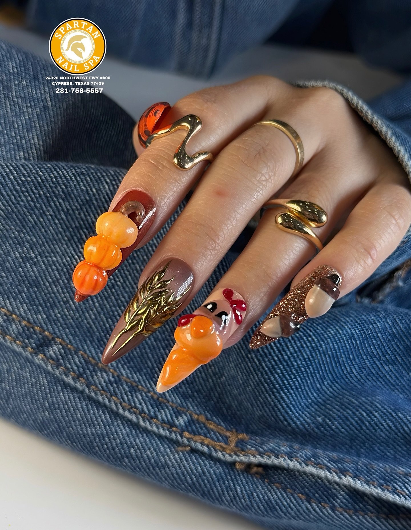 Orange and Brown 3D Friendsgiving Nails