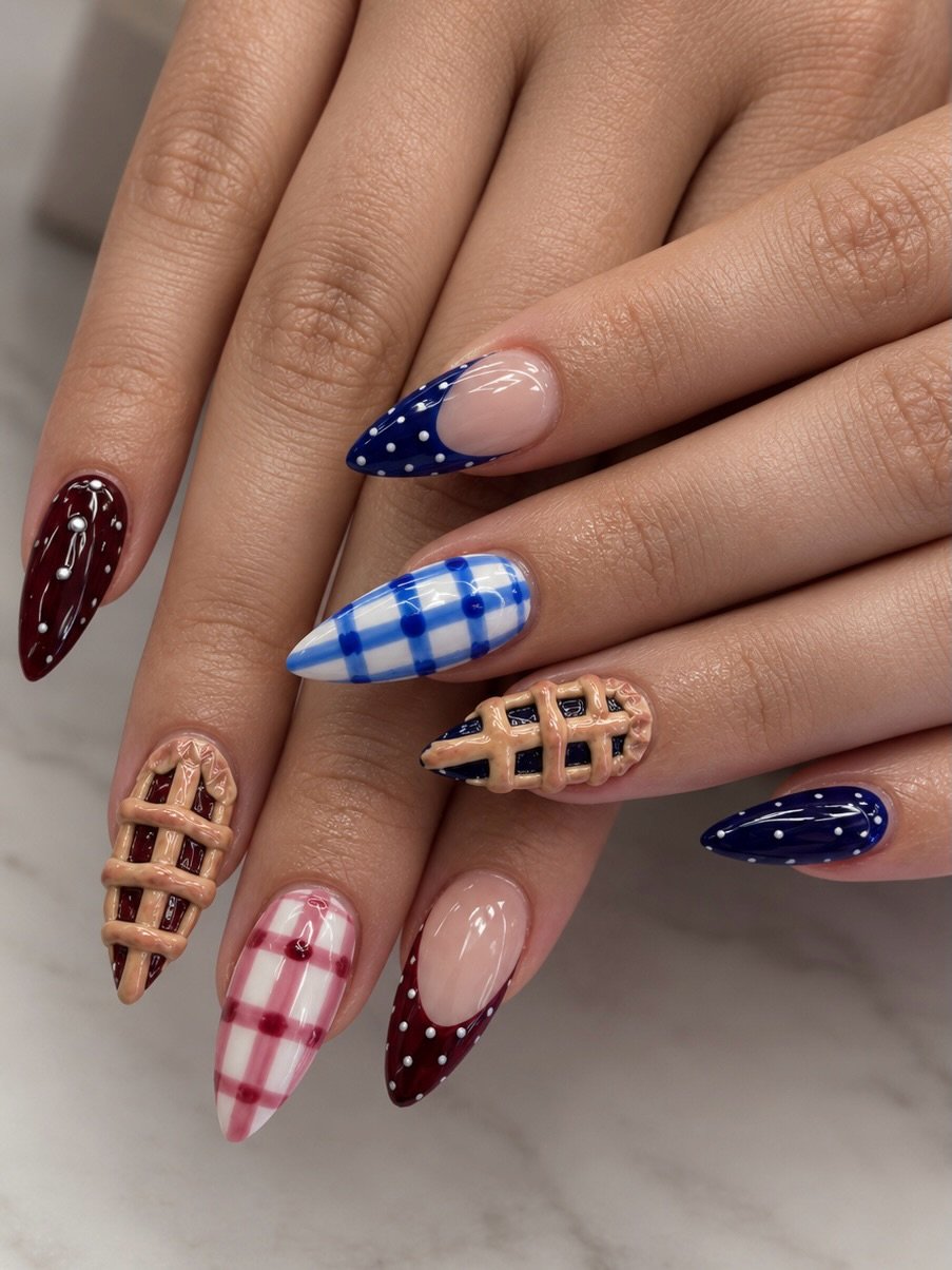 Blue and Red Plaid Mixed Fall Nails