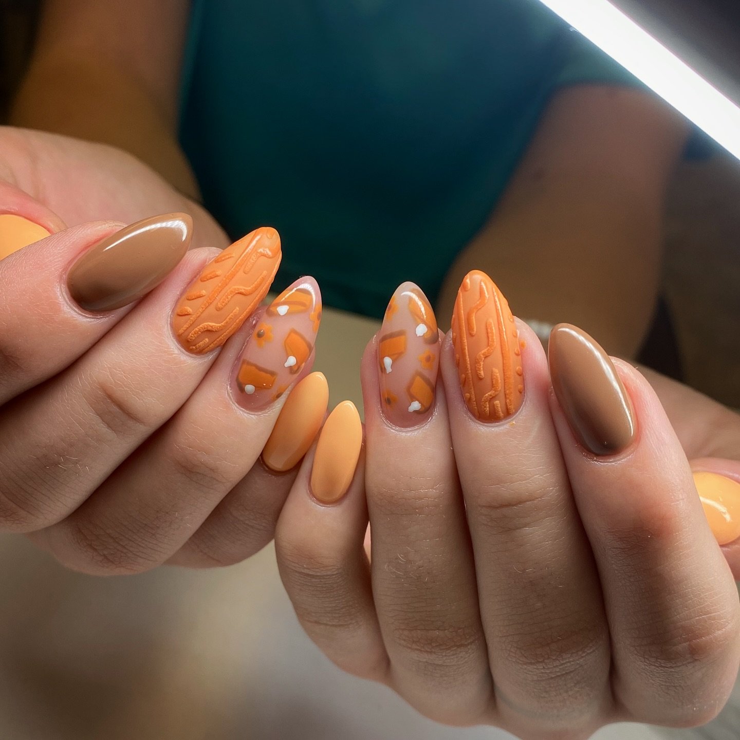 Orange and Caramel Almond Nails