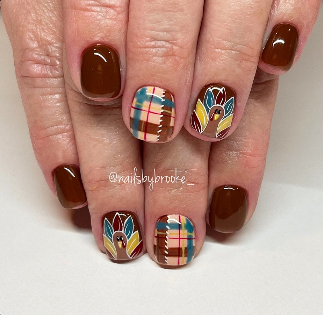 Brown Plaid and Colorful Fall Accent Nails