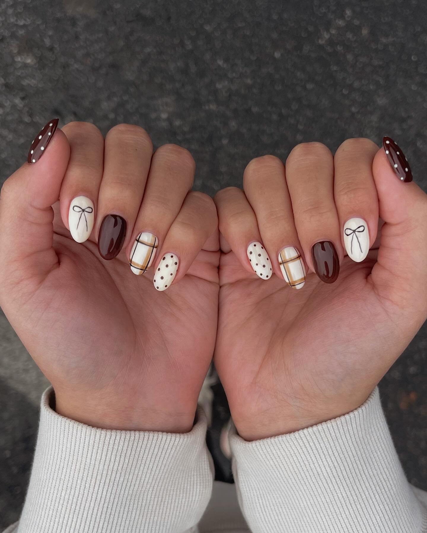 Neutral Plaid and Polka Dot Nails