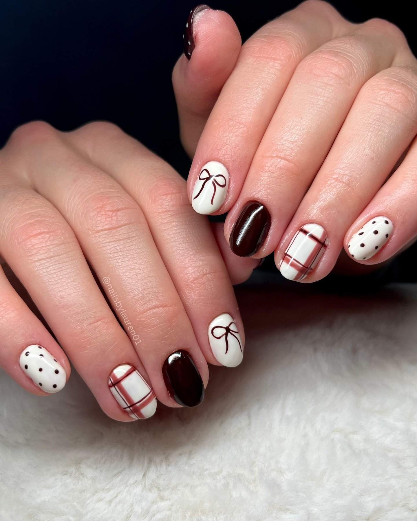 Brown, White, and Burgundy Accent Nails