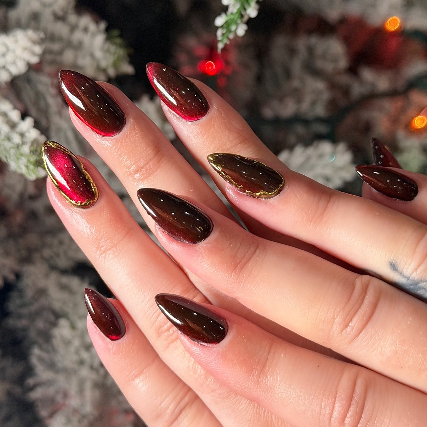 Deep Burgundy and Black Glossy Nails
