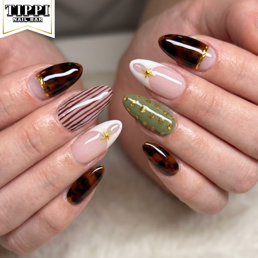 Brown, Nude, and Green Mixed-Finish Nails