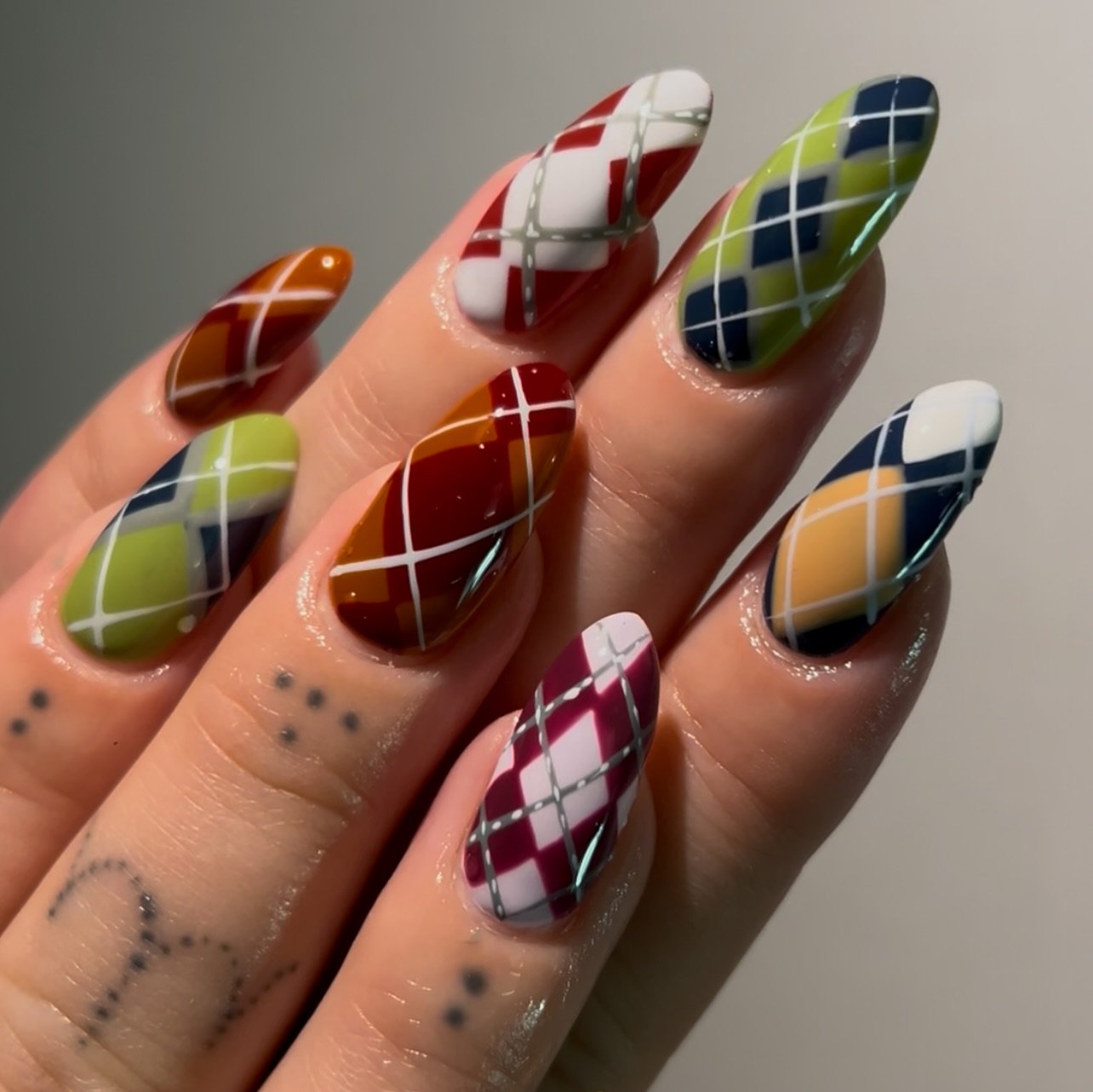 Multicolor Plaid Almond Nails