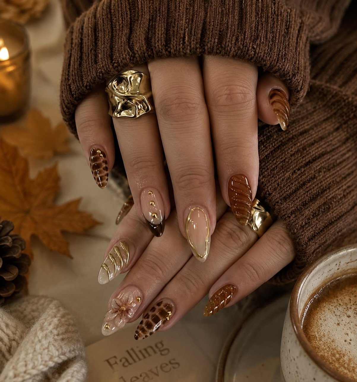 Cozy Brown and Gold Sweater-Inspired Nails