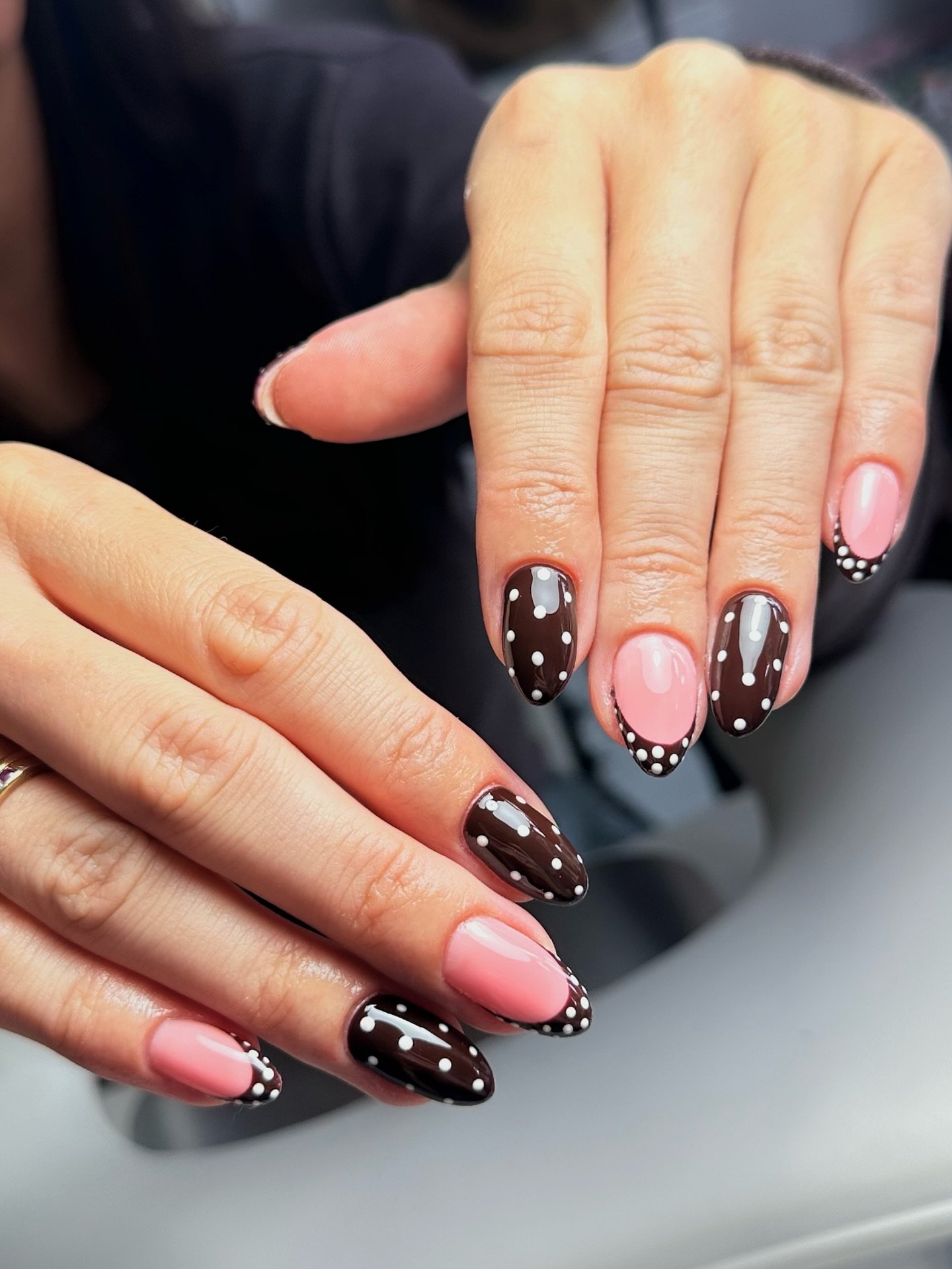 Brown and Pink Polka Dot Almond Nails