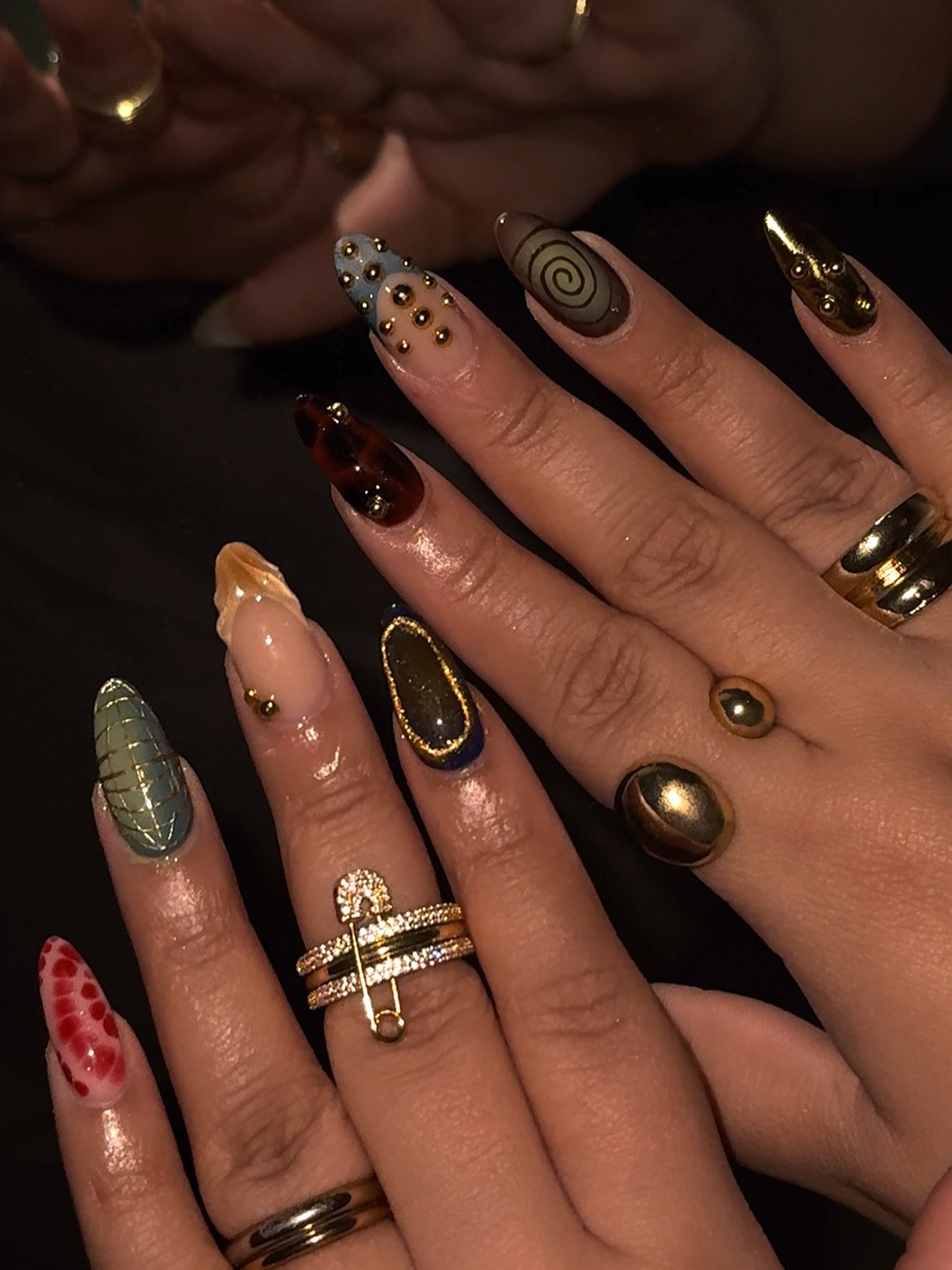 Eclectic Brown, Olive, and Gold Embellished Nails