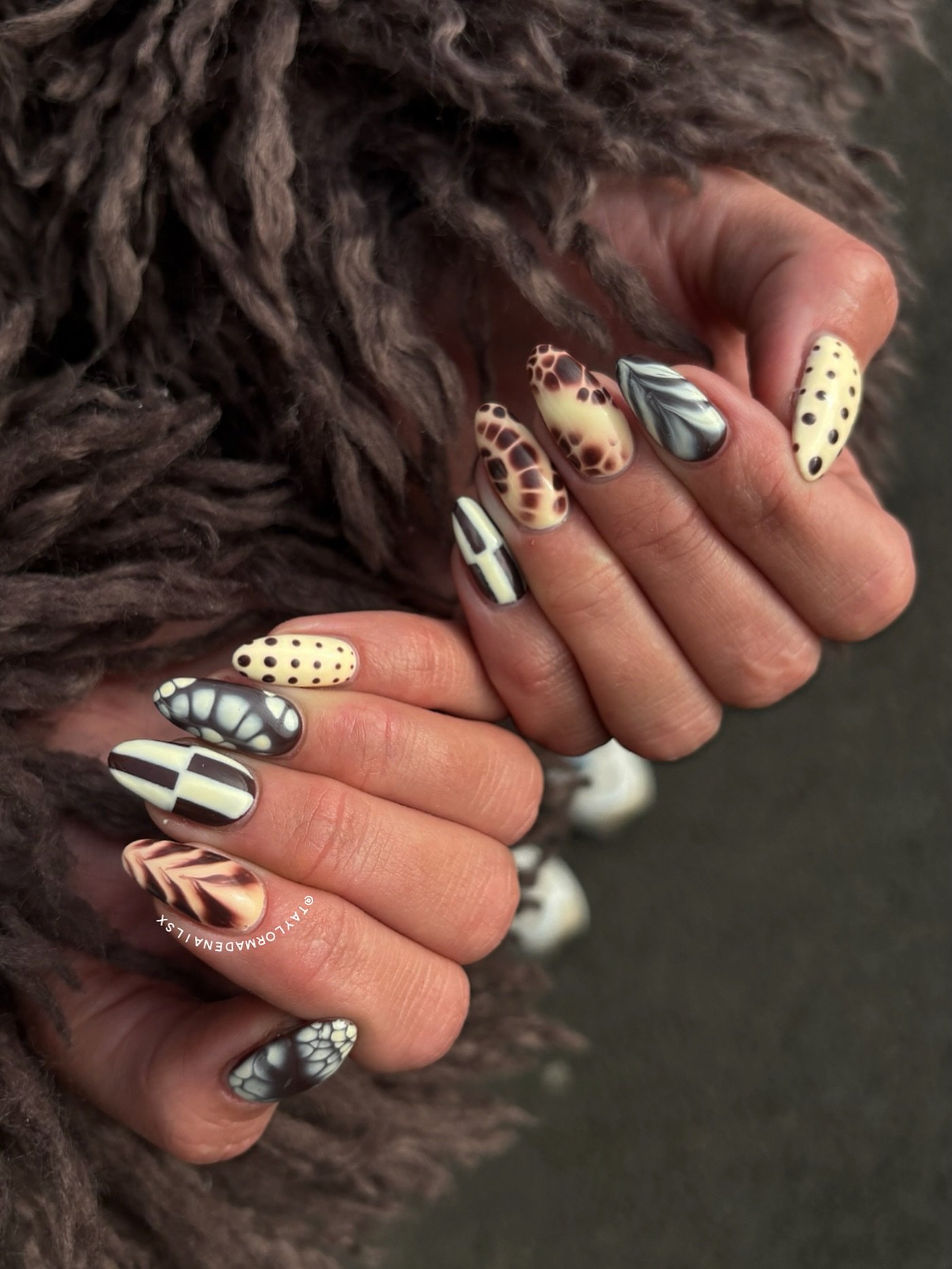 Brown and Cream Animal Print Almond Nails
