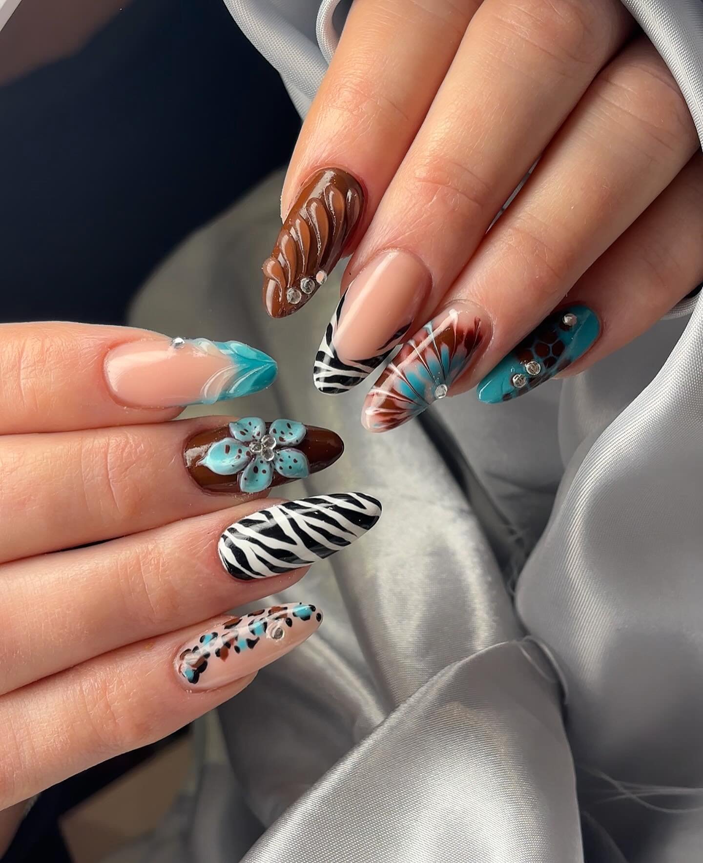 Brown, Turquoise, and Zebra Mixed Nail Art