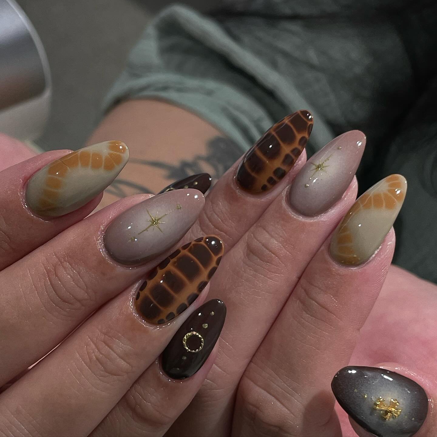 Brown and Olive Tortoiseshell Almond Nails