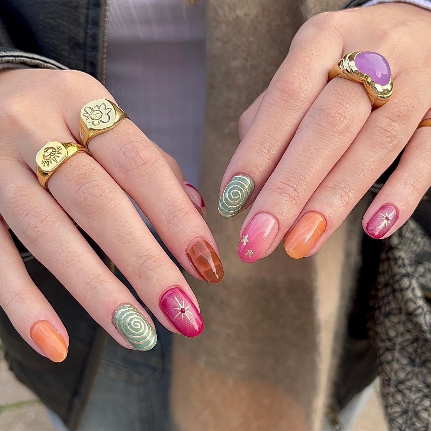 Colorful Pink and Orange Mixed Nail Art