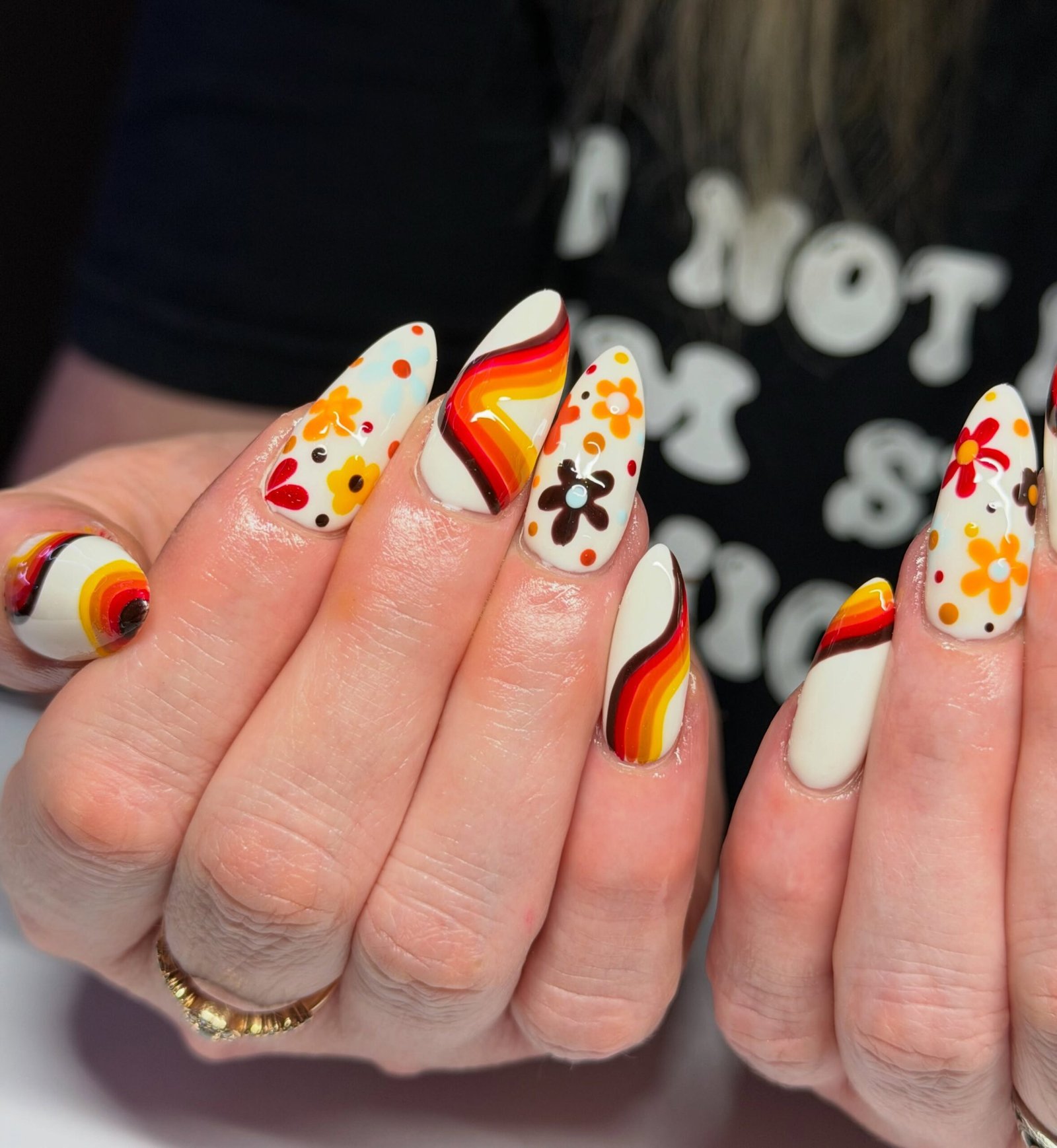 White and Orange Retro Flower Almond Nails