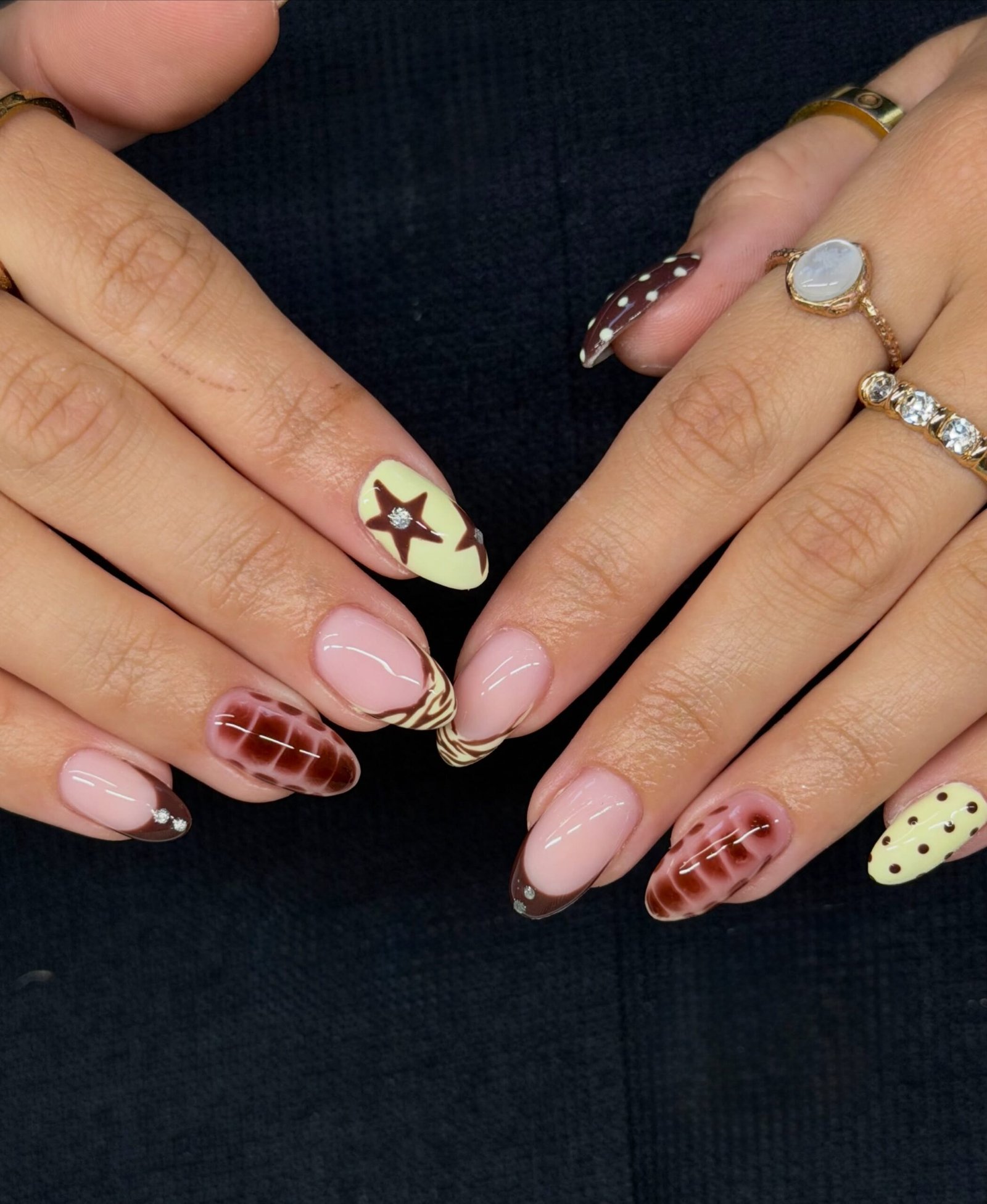 Pink and Brown Mixed Pattern Short Nails