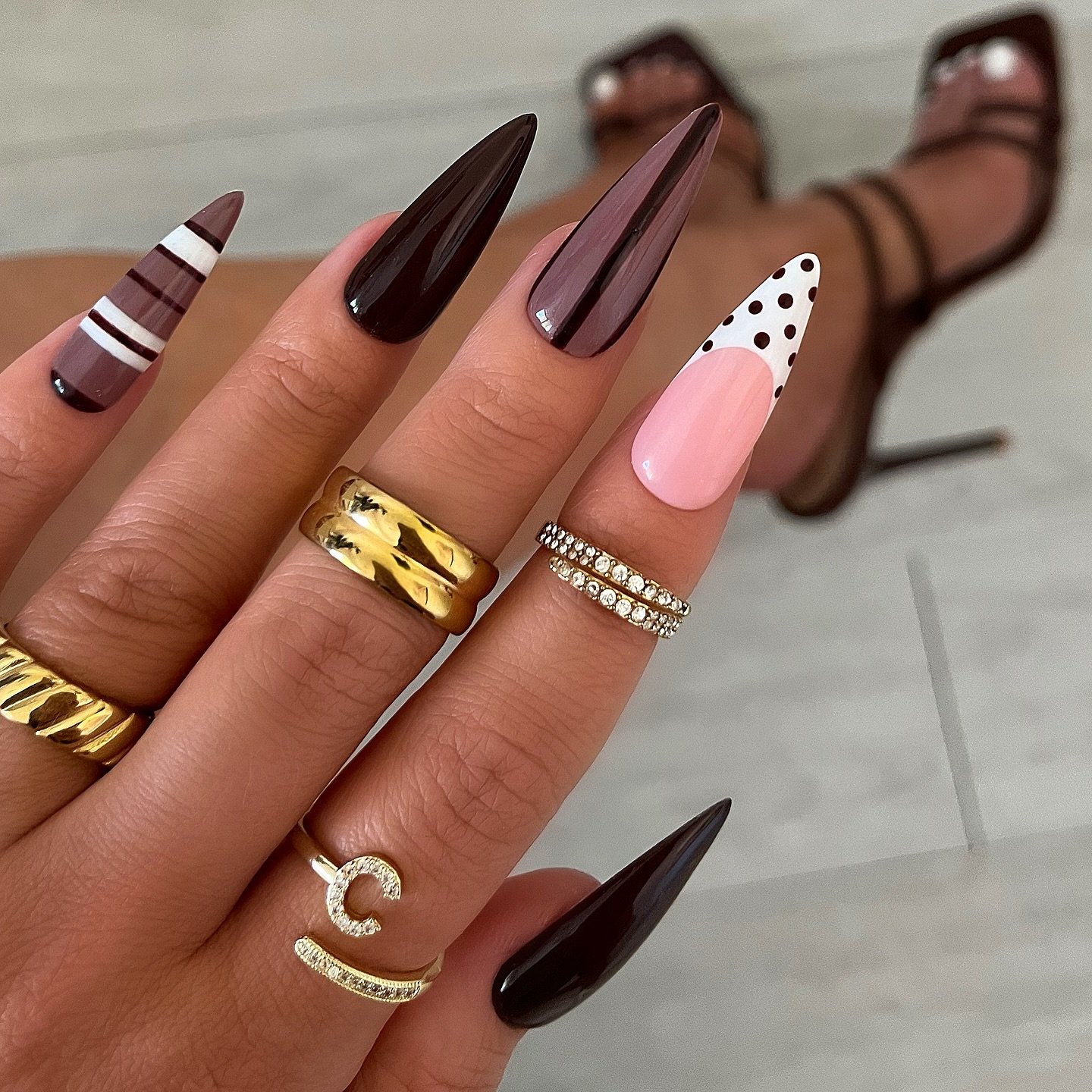 Deep Brown and Pink Long Stiletto Mix