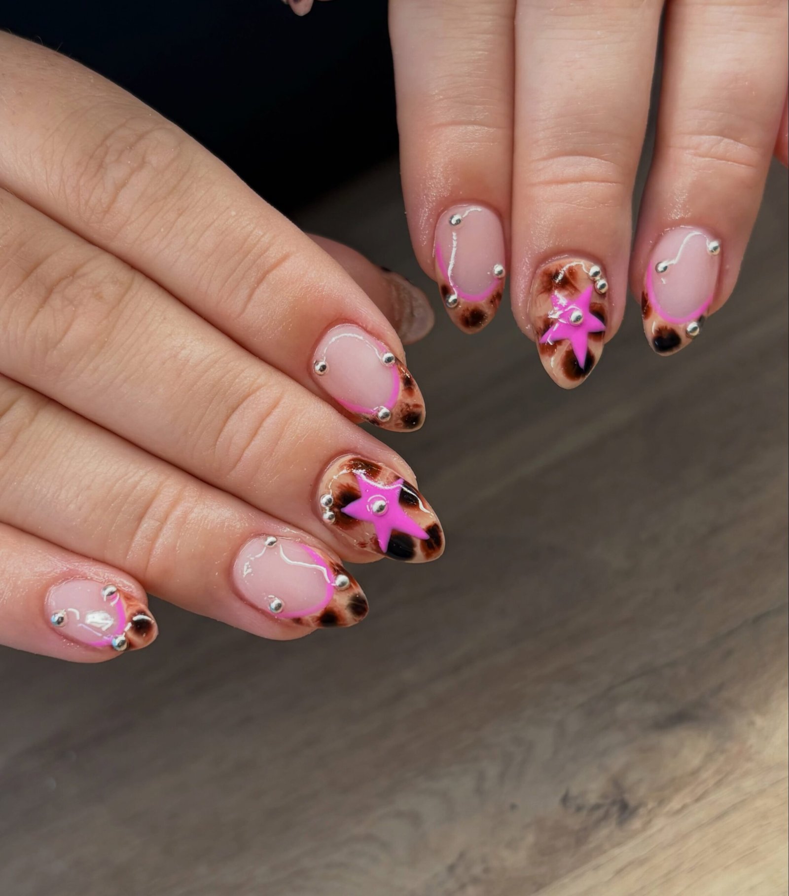 Pink and Brown 3D Accent Almond Nails