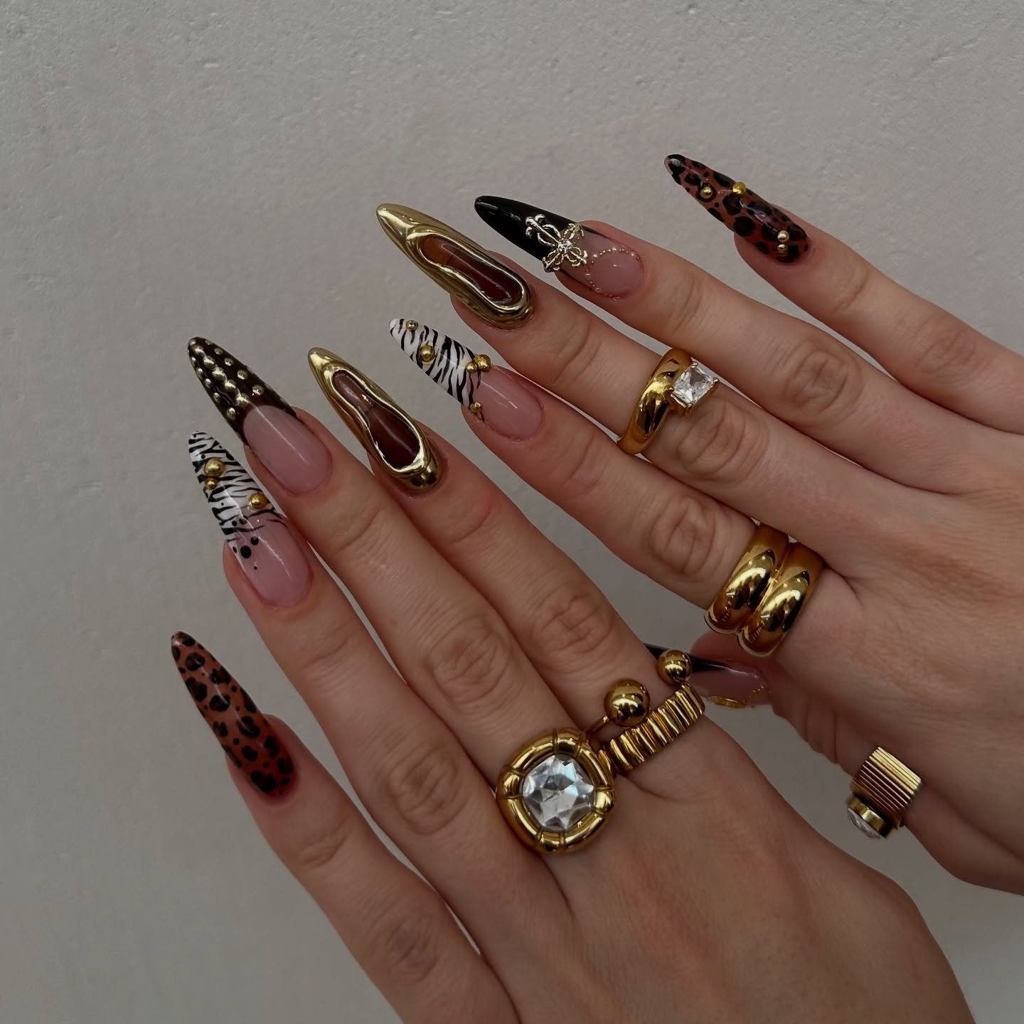 Gold, Brown, and Leopard Long Almond Nails