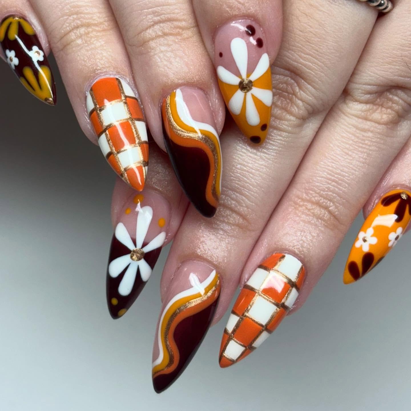 Orange, Brown, and White Retro Floral Nails