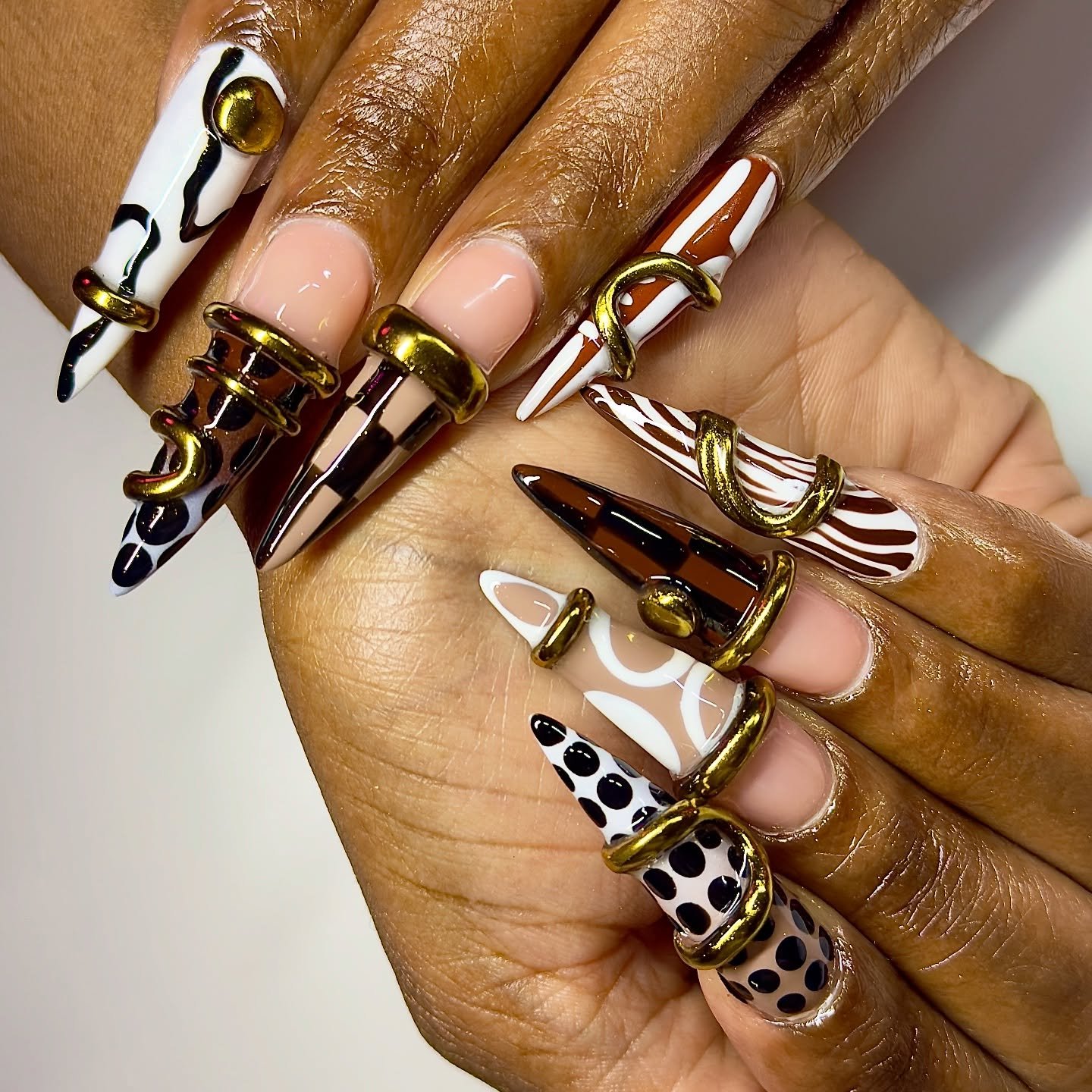 Brown, White, and Gold 3D Statement Nails