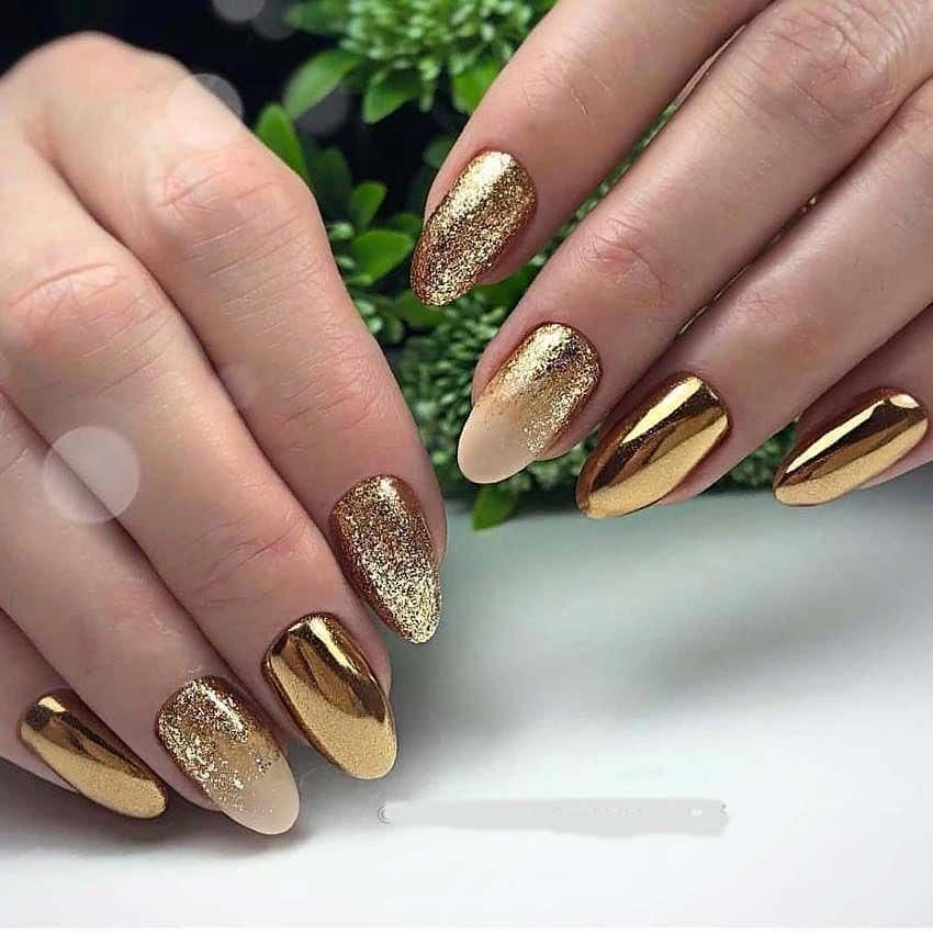 Gold Glitter and Mirror-Gold Almond Nails